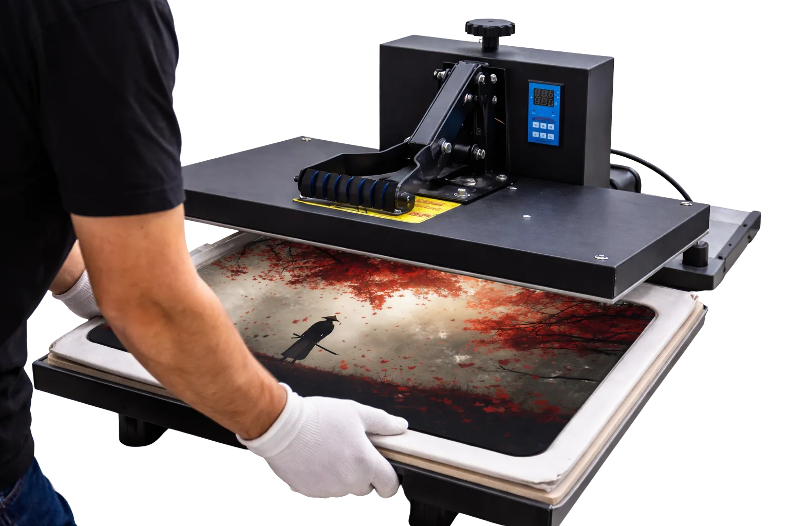 Professional heat press manufacturing a BuddyPad mouse pad
