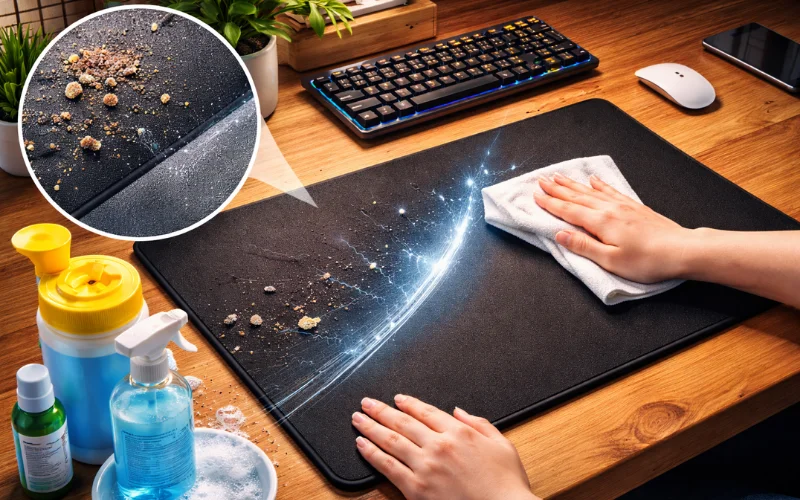A human hand cleans a dirty mouse pad with a white cloth, showing the importance of regularly cleaning your mouse pad. Cleaning products are visible.