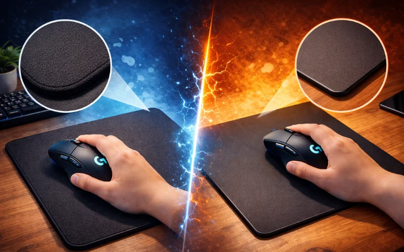 Comparison of two gaming mouse pads, one cloth and one hard, with zooms on the texture. Material: cloth or hard?