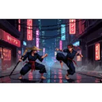 tapis de souris Deux guerriers ninja pixelisés s'affrontent dans une ruelle urbaine sombre et pluvieuse, éclairée par des néons colorés.
