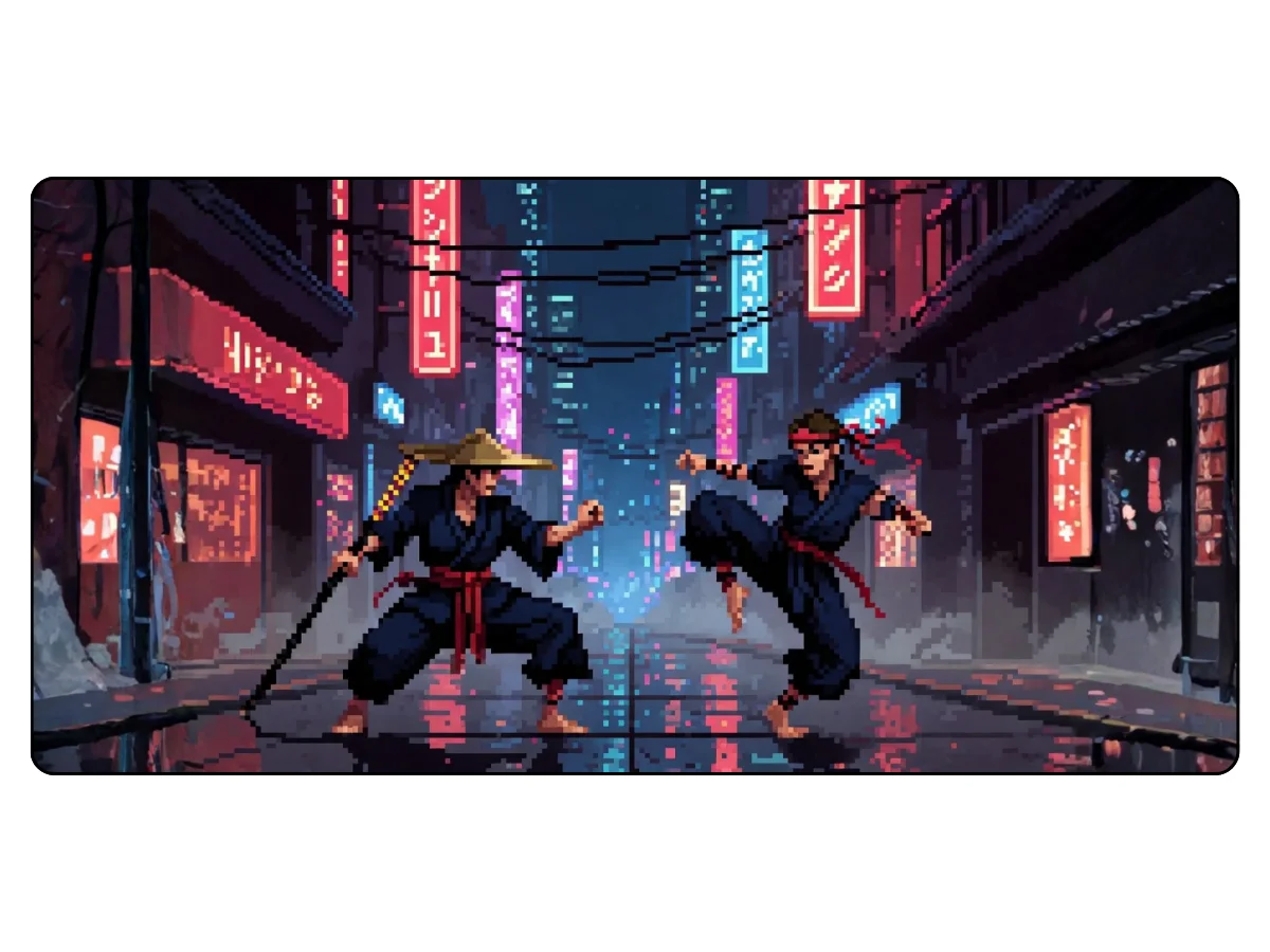 tapis de souris Deux guerriers ninja pixelisés s'affrontent dans une ruelle urbaine sombre et pluvieuse, éclairée par des néons colorés.