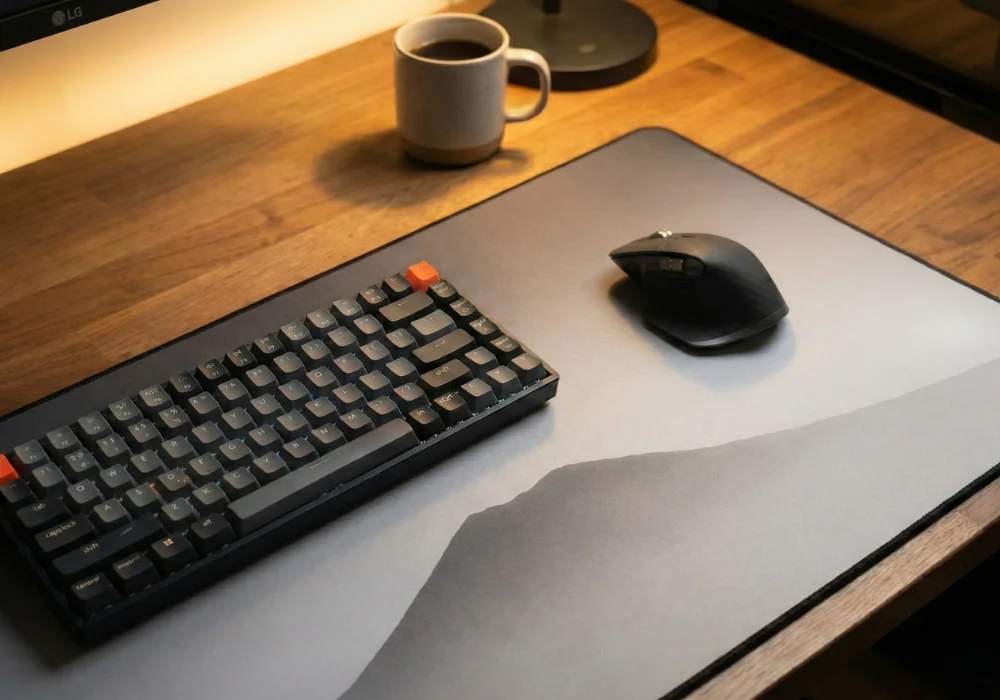 Vue de près d'un bureau en bois avec un clavier mécanique noir, une souris sans fil et une tasse de café sur un tapis de souris gris.