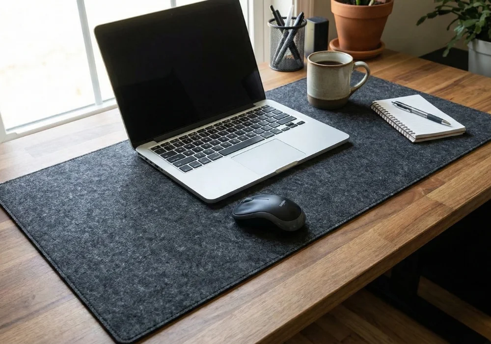 Un ordinateur portable MacBook gris sur un tapis de bureau en feutre gris avec une souris, une tasse de café et un carnet sur un bureau en bois.