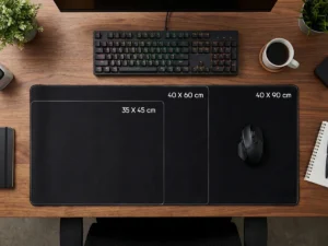 Comparatif des dimensions de tapis de souris (35x45 cm, 40x60 cm, 40x90 cm) présentés sur un bureau en bois avec clavier et accessoires, pour visualiser l'espace de travail.