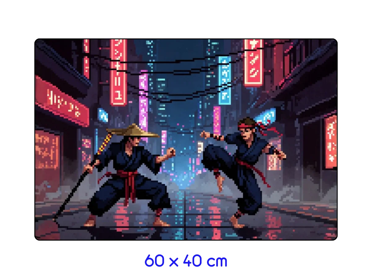 tapis de souris Illustration pixel art de deux combattants, un samouraï et un ninja, sur une rue mouillée sous des néons colorés, mesurant 60x40 cm.