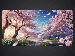 Tapis de souris manga représentant un chemin sinueux sous des cerisiers en fleurs roses avec pétales tombants et un lever de soleil. Paysage printanier japonais.