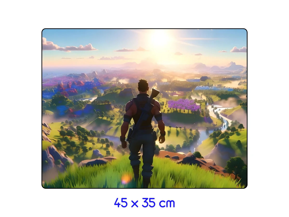 tapis de souris affiche-fortnite-paysage-epique-au-lever-du-soleil tapis de souris Vue arrière d'un personnage de Fortnite observant un vaste paysage coloré au lever du soleil sur une colline verte. 45 x 35 cm
