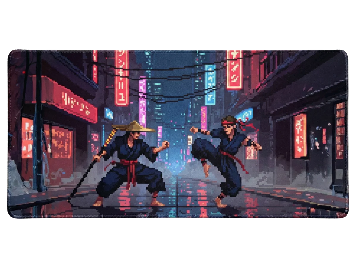 Un tapis de souris gamer avec une scène de combat de ninjas en pixel art dans une rue cyberpunk éclairée au néon.