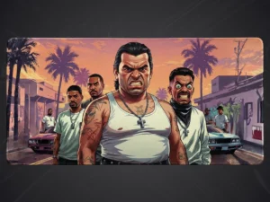 Tapis de souris gamer représentant un groupe de personnages de type gang de rue, ambiance de jeu vidéo GTA, avec des palmiers et des voitures. Le personnage central en débardeur blanc a une expression faciale intense et en colère, avec un collier en forme de croix.