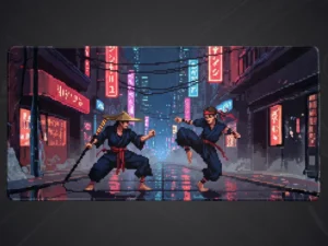 Grand tapis de souris gamer affichant un combat de ninjas en pixel art dans une ruelle cyberpunk japonaise