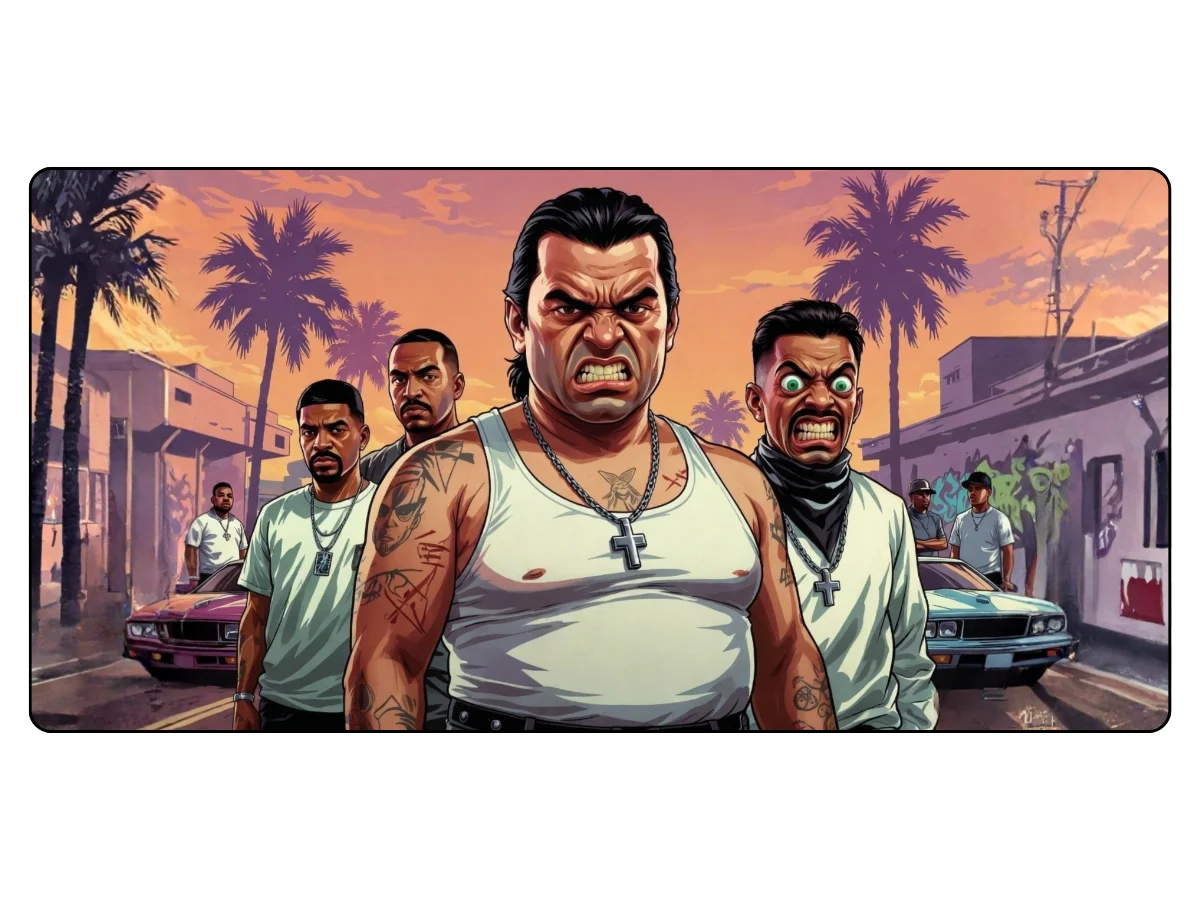 Tapis de souris gamer/gaming représentant quatre hommes au style urbain, le visage en colère, dans une ruelle ensoleillée avec des palmiers et des voitures. C'est un design inspiré de Miami, idéal pour les gamers.