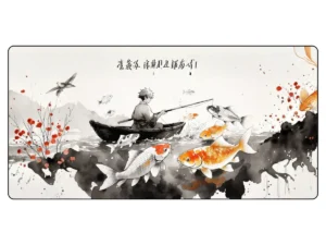 tapis de souris Illustration de style japonais d'un homme pêchant depuis une barque, entouré de carpes koi colorées et grises dans l'eau.