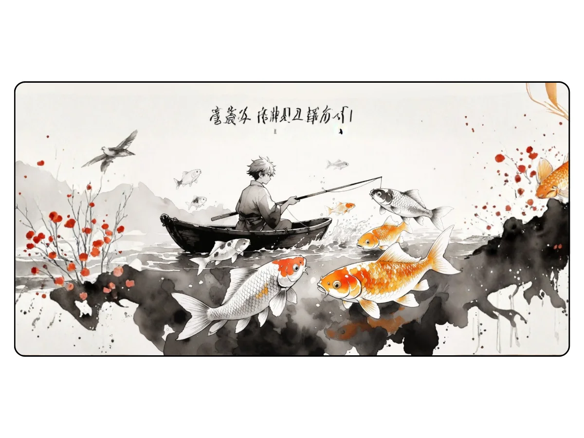 tapis de souris Illustration de style japonais d'un homme pêchant depuis une barque, entouré de carpes koi colorées et grises dans l'eau.