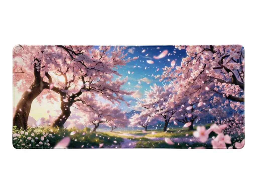 Tapis de souris manga avec un paysage détaillé de cerisiers en fleurs roses, des pétales tombant dans un ciel bleu lumineux.