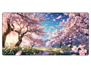 Illustration d'un tapis de souris manga représentant un champ de cerisiers en fleurs roses sous un ciel bleu, avec des pétales volants et un chemin au milieu.
