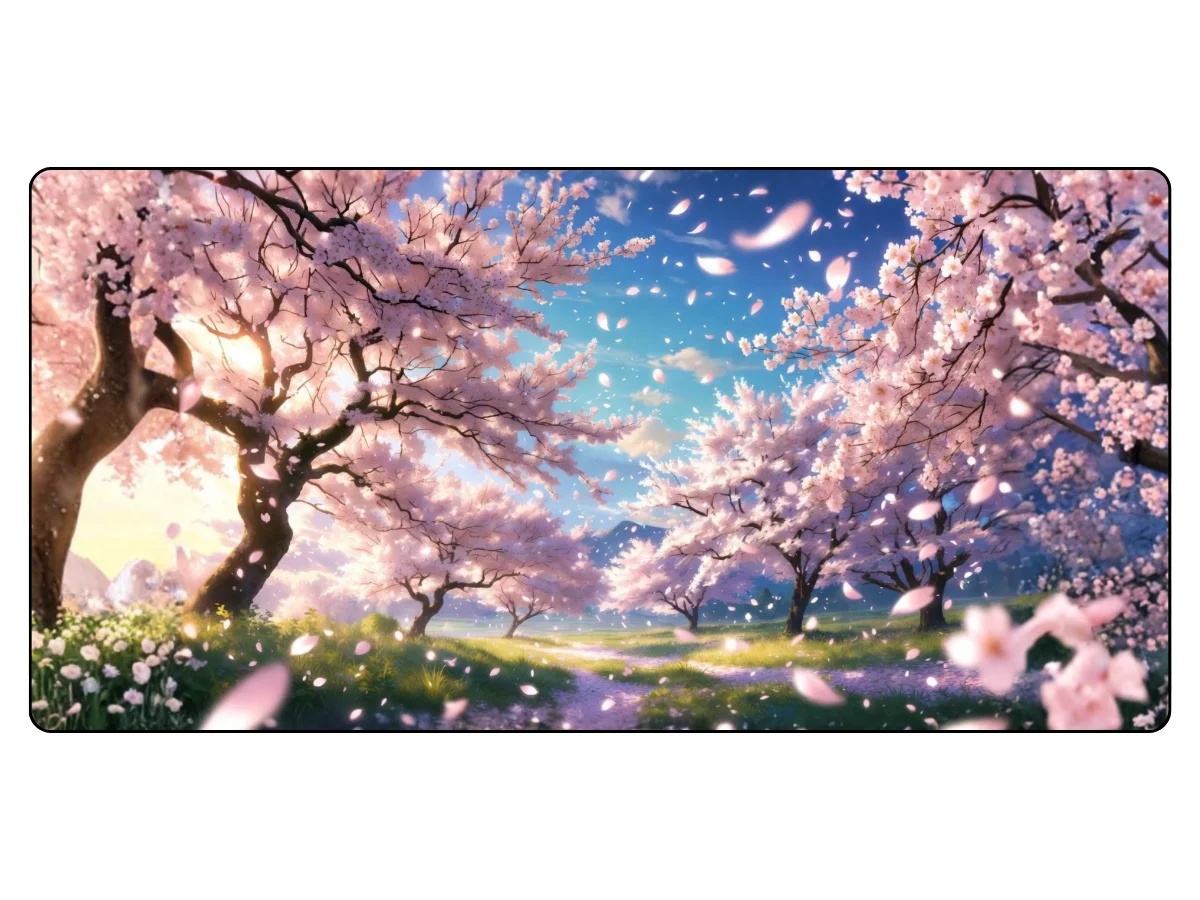 Illustration d'un tapis de souris manga représentant un champ de cerisiers en fleurs roses sous un ciel bleu, avec des pétales volants et un chemin au milieu.