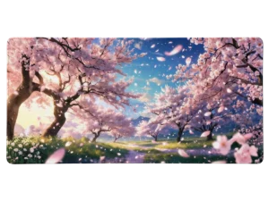Tapis de souris manga représentant un paysage enchanteur de cerisiers roses en fleurs, pétales tombant sous un ciel bleu.