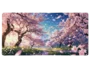 Tapis de souris manga représentant un paysage enchanteur de cerisiers roses en fleurs, pétales tombant sous un ciel bleu.