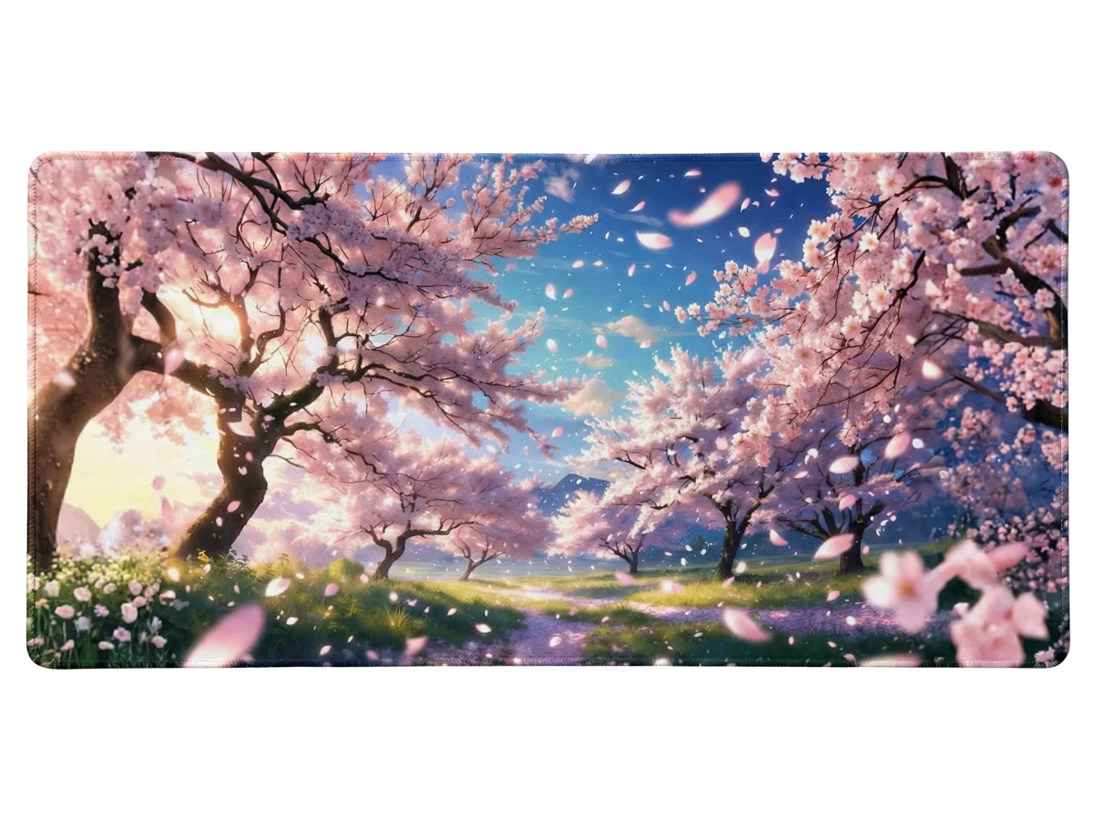 Tapis de souris manga représentant un paysage enchanteur de cerisiers roses en fleurs, pétales tombant sous un ciel bleu.