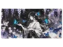 Tapis de souris manga avec une femme japonaise vêtue d'un kimono, des papillons bleus et des fleurs de glycine violettes.