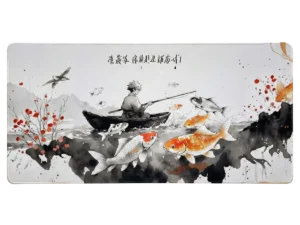 Grand tapis de souris manga représentant un pêcheur dans une barque entouré de carpes koï colorées dans un style aquarelle japonaise.