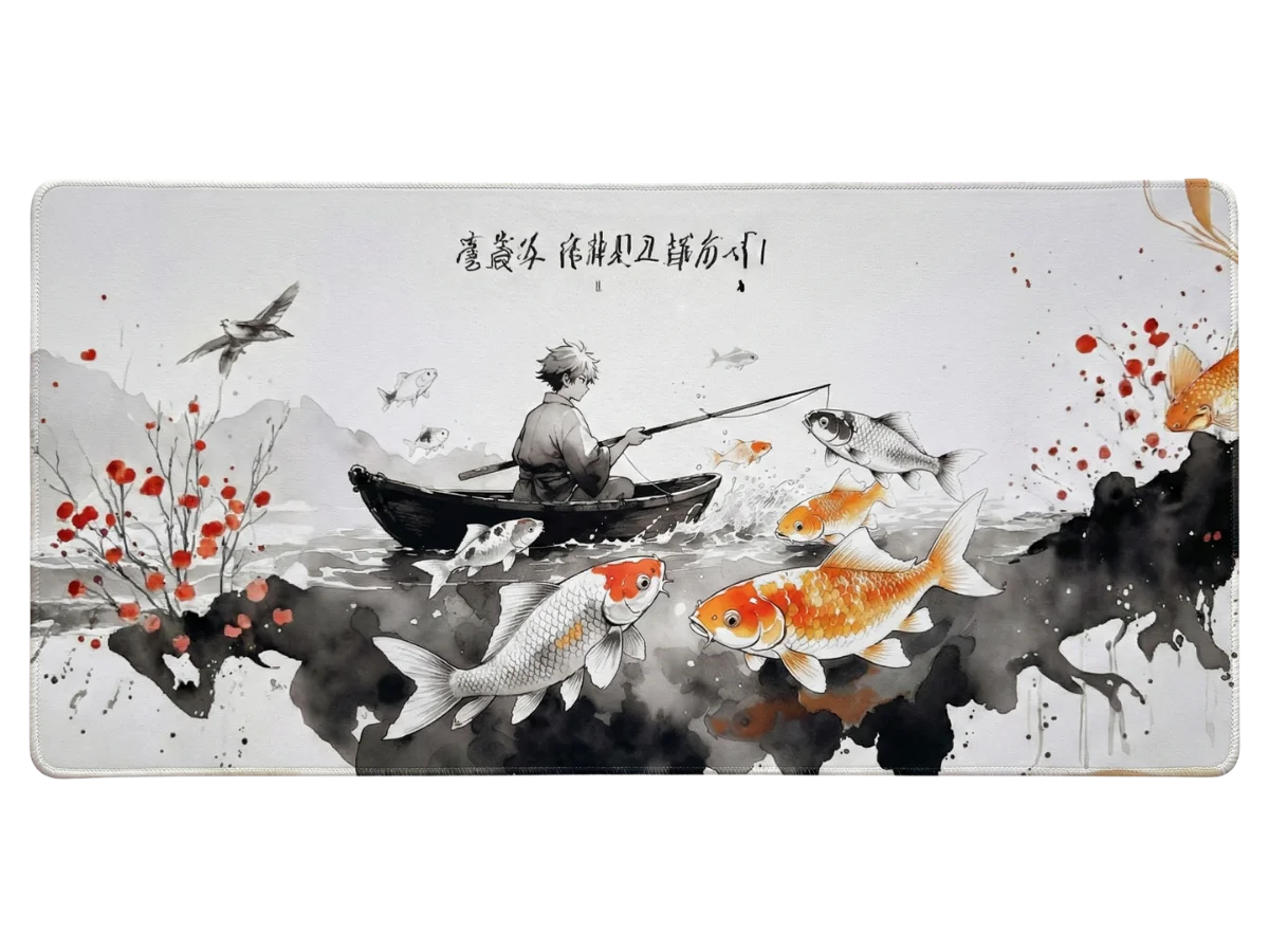 Grand tapis de souris manga représentant un pêcheur dans une barque entouré de carpes koï colorées dans un style aquarelle japonaise.
