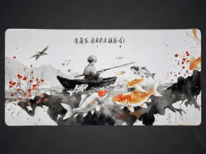 Grand tapis de souris manga représentant un pêcheur zen dans une barque entouré de carpes koï, avec des montagnes et des oiseaux en arrière-plan.