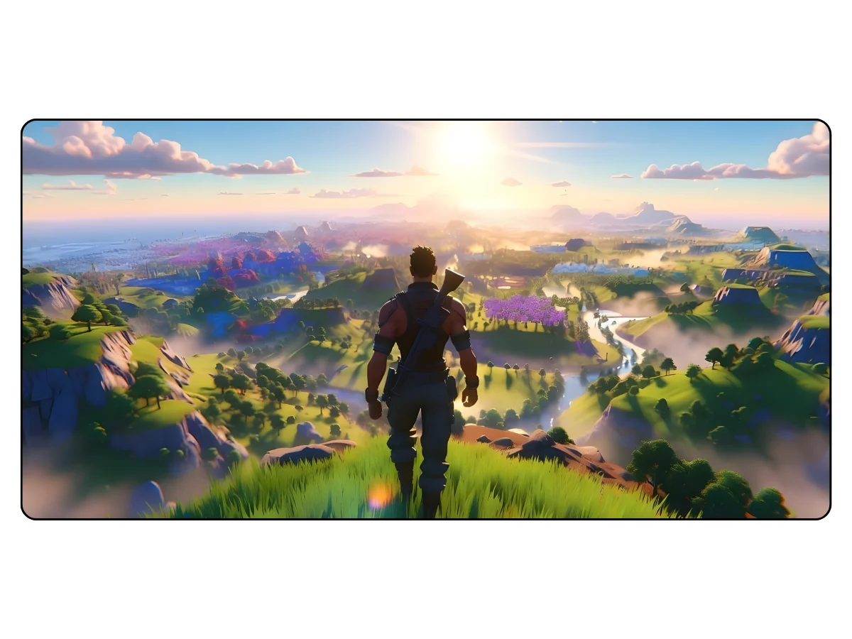 tapis de souris Vue arrière d'un personnage de jeu vidéo masculin musclé, debout sur une colline herbeuse, contemplant un vaste paysage fantastique. Le soleil levant illumine une vallée luxuriante avec des rivières, des montagnes vallonnées, des forêts et une ville lointaine au bord de l'océan.