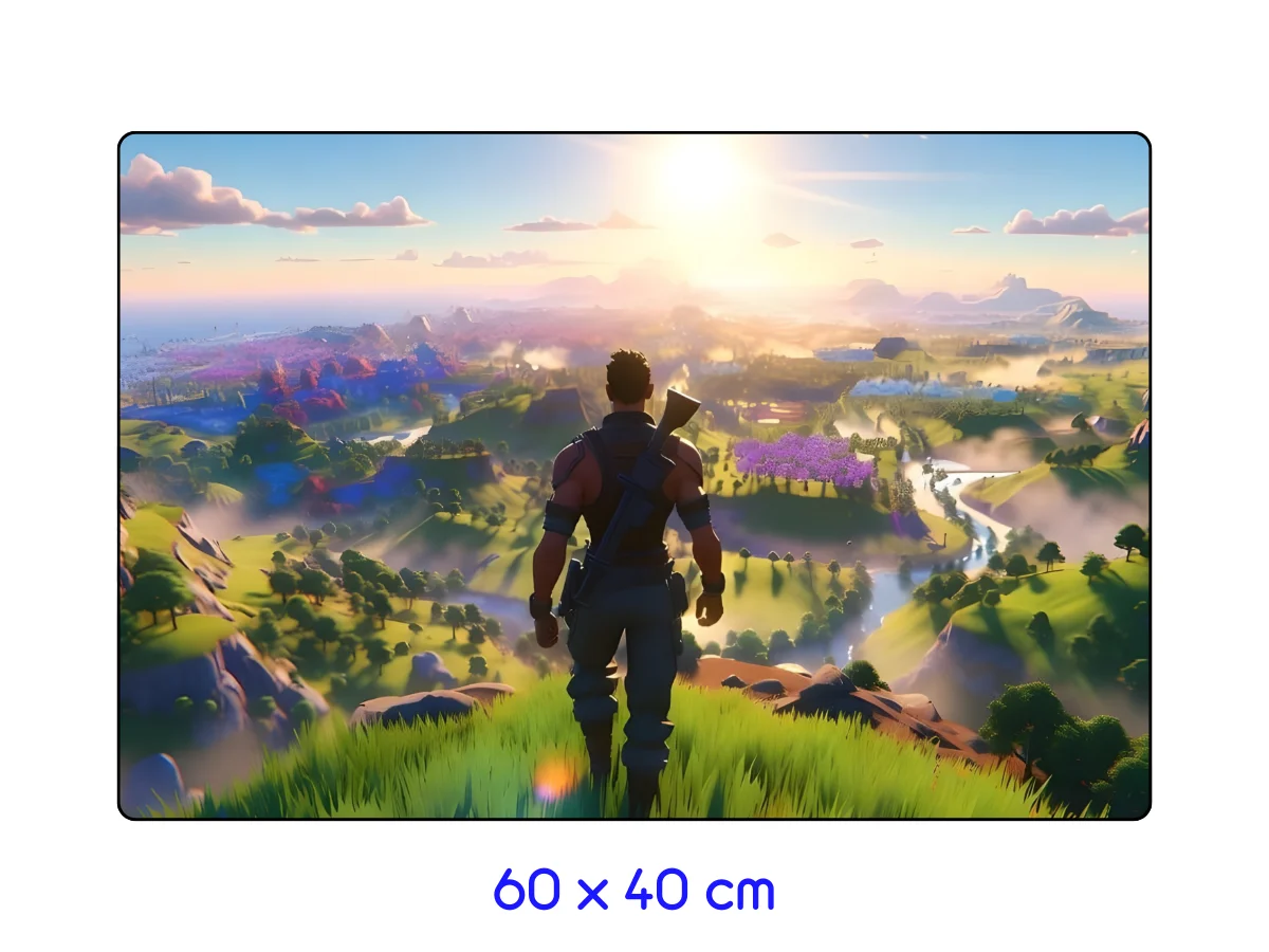 tapis de souris paysage-fortnite-aube-eclatante-sur-monde-colore tapis de souris Vue arrière d'un personnage de Fortnite observant un vaste paysage coloré au lever du soleil sur une colline verte. 60 x 40 cm