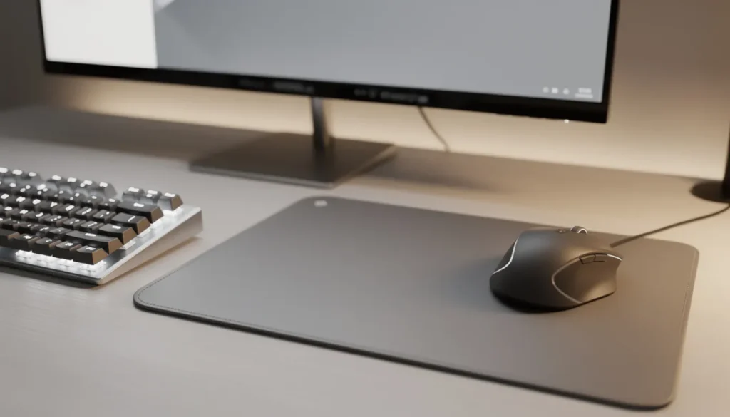 un tapis de souris sur un bureau avec une souris un clavier et un écran