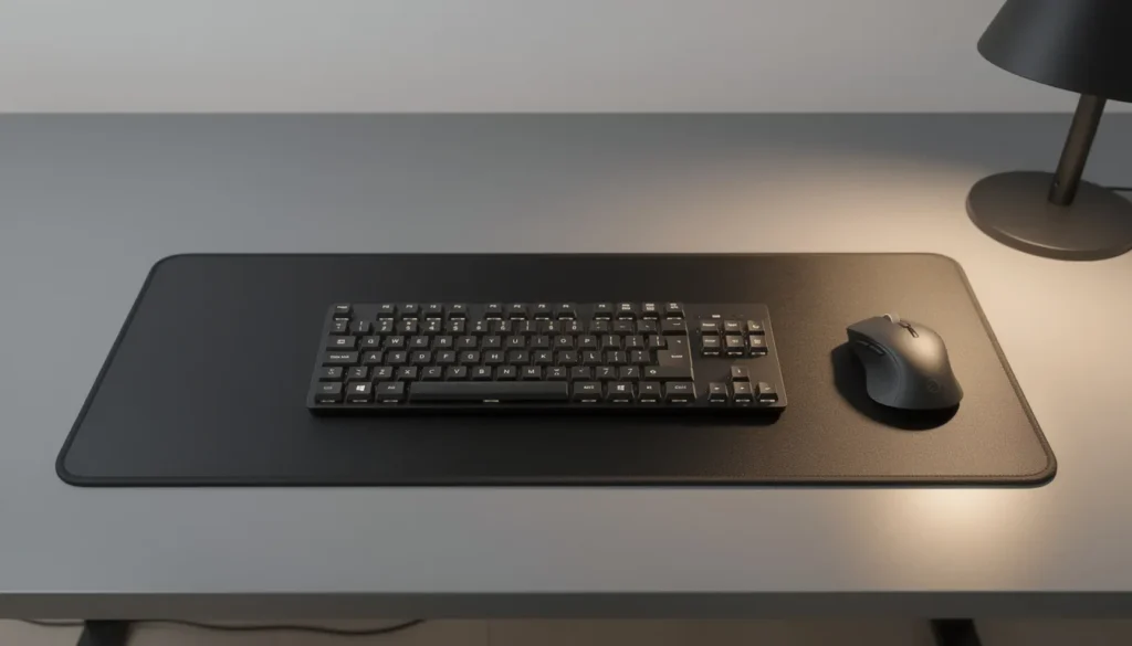 un tapis de souris sur un bureau gris avec une souris et un clavier