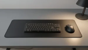 un tapis de souris sur un bureau gris avec une souris et un clavier