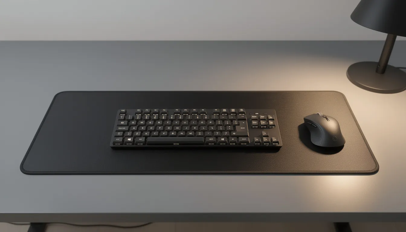 un tapis de souris sur un bureau gris avec une souris et un clavier