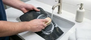 Mains d'homme brossant énergiquement un tapis noir sale avec de l'eau et du savon mousseux dans un évier blanc.