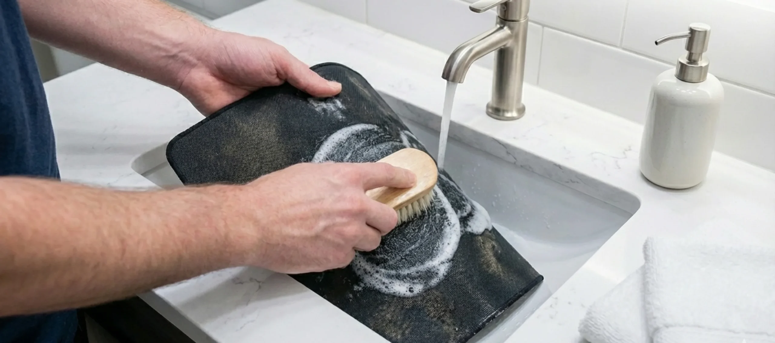Mains d'homme brossant énergiquement un tapis noir sale avec de l'eau et du savon mousseux dans un évier blanc.