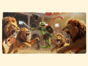 Visualisation épique d'un tapis de souris Buddypad montrant une grenouille gladiateur combattant trois lions affamés dans une arène antique.