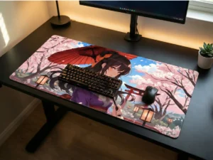Grand tapis de souris manga représentant une fille en kimono avec un parapluie rouge, des cerisiers en fleurs et des lanternes japonaises, avec un clavier et une souris noirs posés dessus.