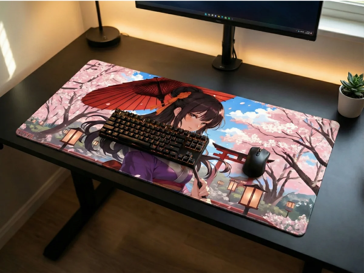 tapis-de-souris-manga-fille-en-kimono-cerisiers-en-fleurs Grand tapis de souris manga représentant une fille en kimono avec un parapluie rouge, des cerisiers en fleurs et des lanternes japonaises, avec un clavier et une souris noirs posés dessus.