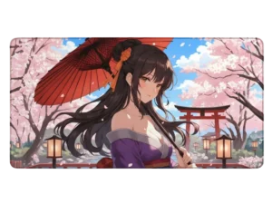 Tapis de souris manga représentant une femme japonaise en kimono violet sous un parapluie rouge, avec des cerisiers en fleur et un torii.