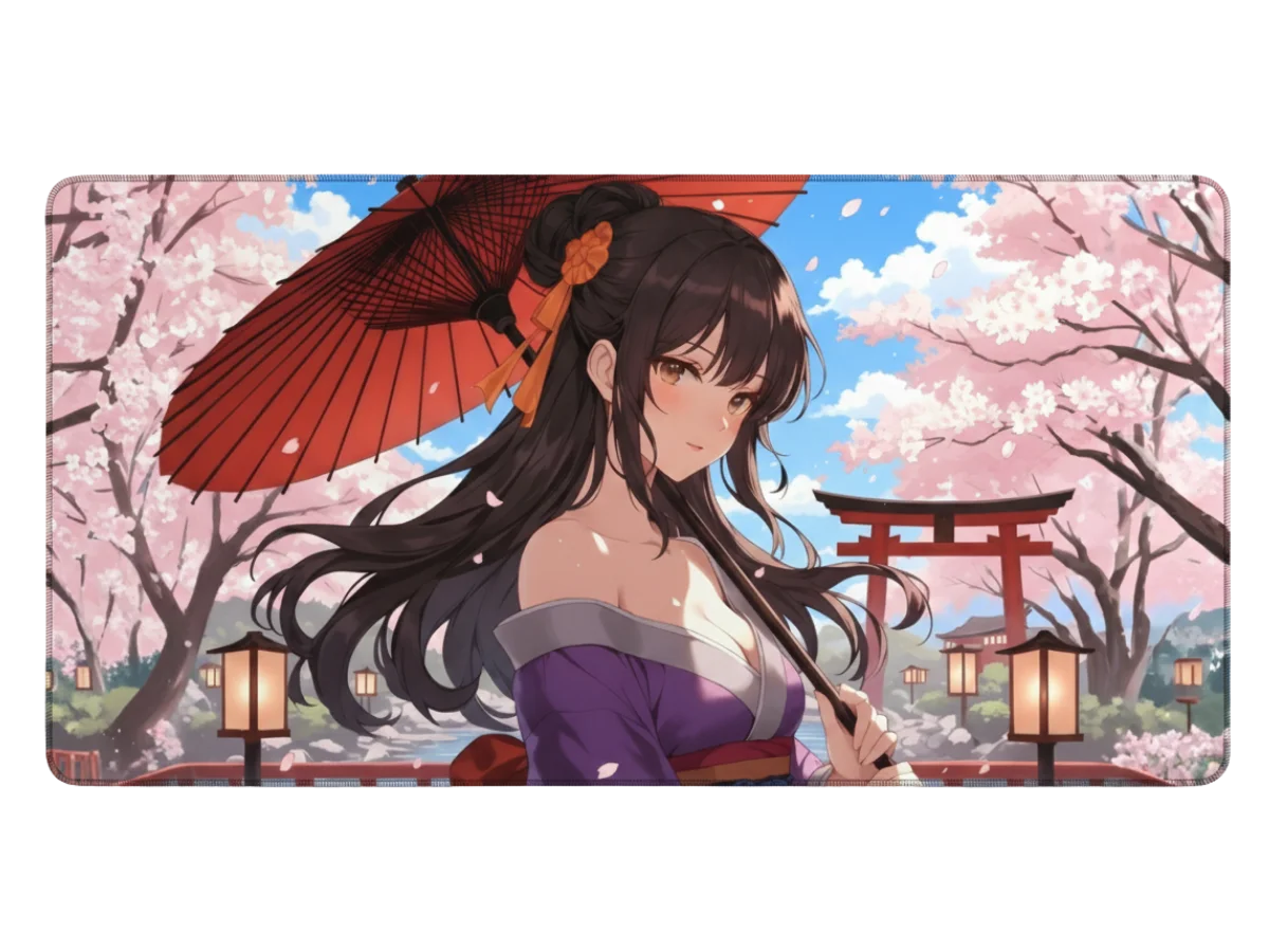 Tapis de souris manga représentant une femme japonaise en kimono violet sous un parapluie rouge, avec des cerisiers en fleur et un torii.