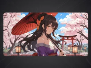 Tapis de souris manga/anime représentant une fille aux cheveux longs, vêtue d'un kimono violet clair,tenant un parapluie rouge, sous des cerisiers en fleurs avec un torii en arrière-plan.