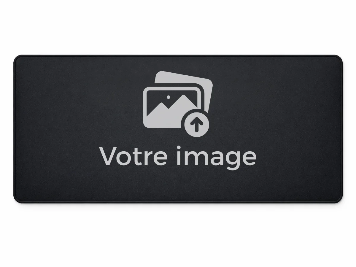 Visualisation d'un tapis de souris personnalisé noir avec icône de téléchargement d'image et texte "Votre image".