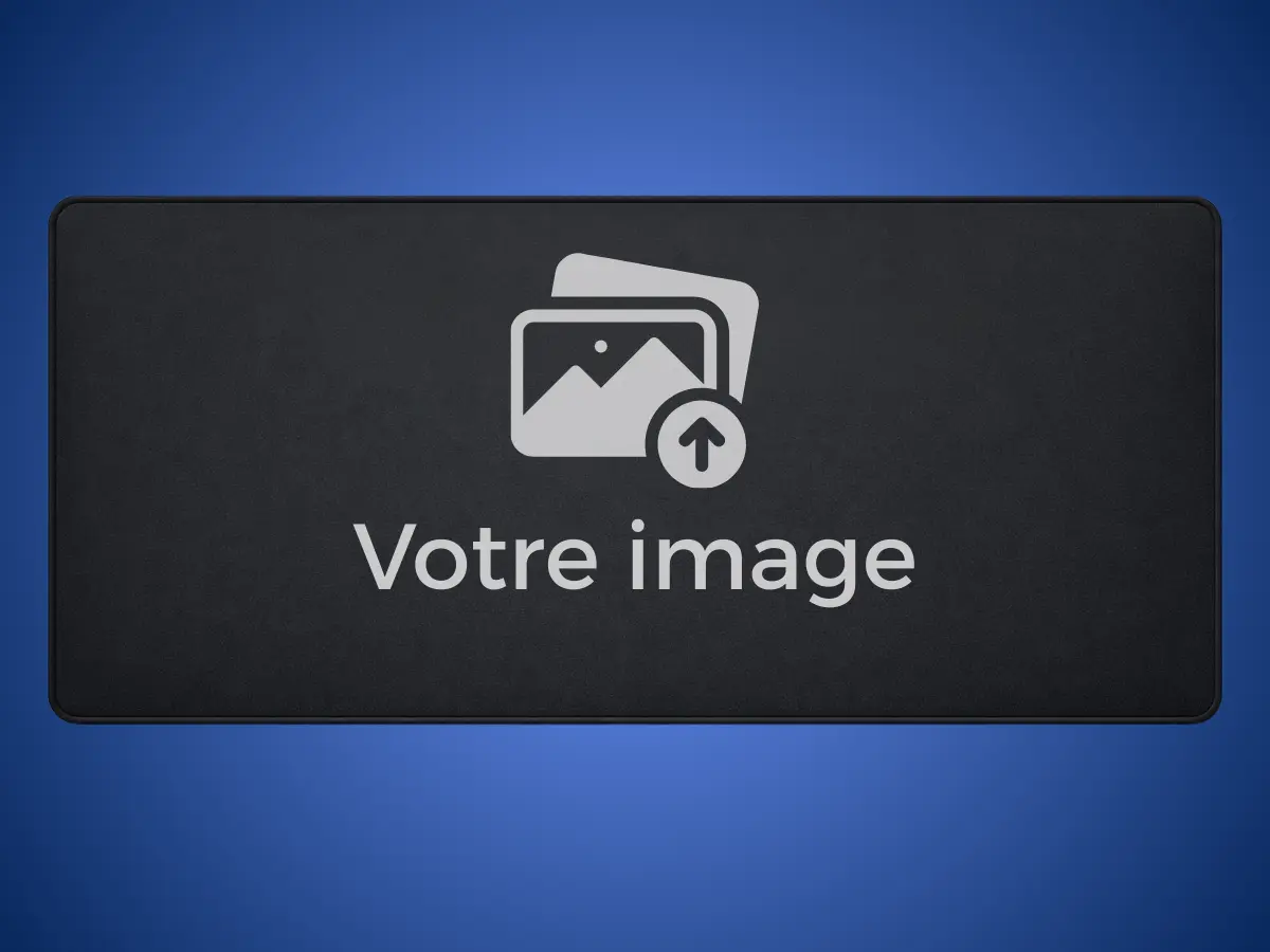 Visualisation d'un tapis de souris personnalisé avec un placeholder 'Votre image' et une icône d'upload