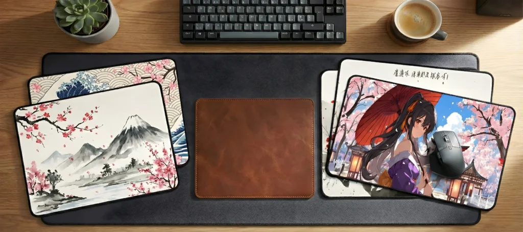 Vue d'ensemble de plusieurs tapis de souris posés sur un grand tapis de bureau noir, avec une tasse de café et un clavier en arrière-plan.