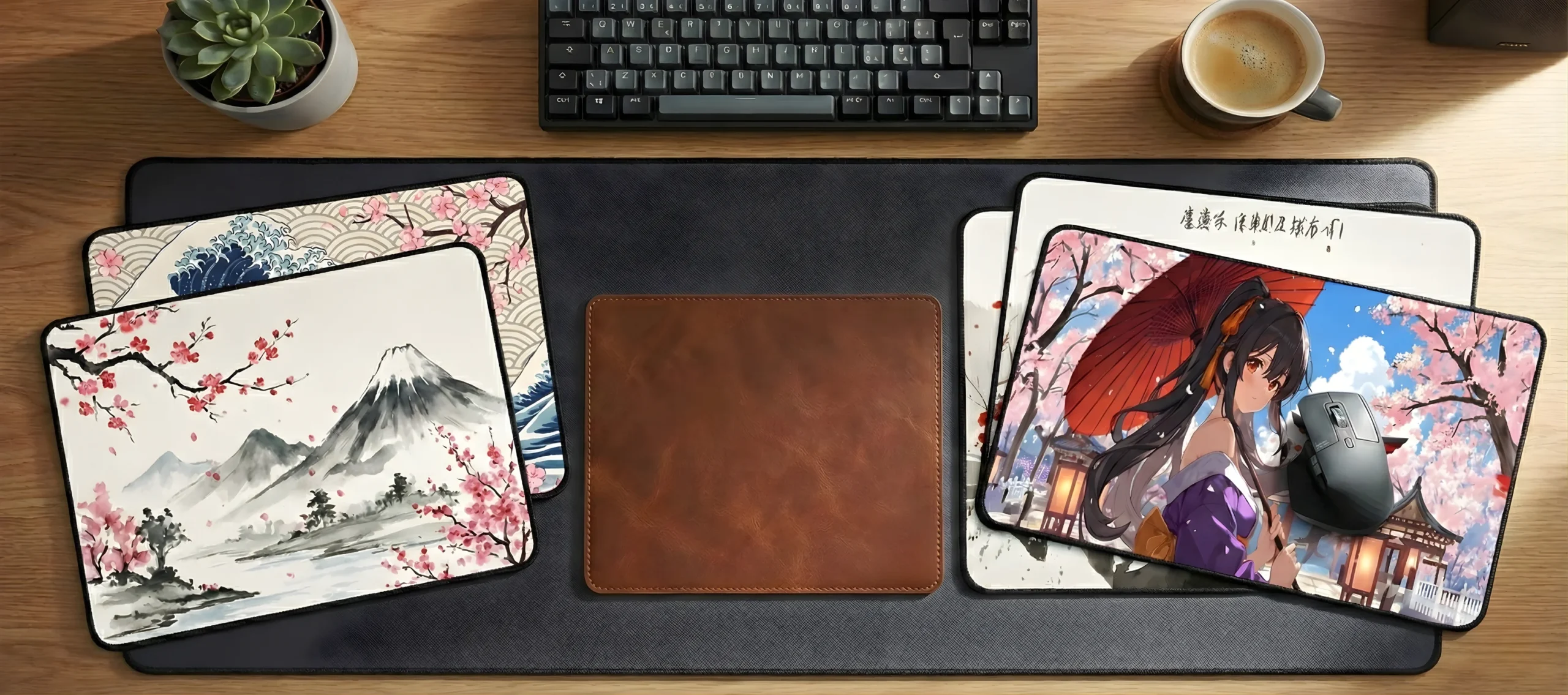 Vue d'ensemble de plusieurs tapis de souris posés sur un grand tapis de bureau noir, avec une tasse de café et un clavier en arrière-plan.