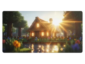 Chalet en bois de style Minecraft au bord d'un lac ou d'une rivière, soleil éclatant à l'horizon, fleurs et arbres luxuriants.
