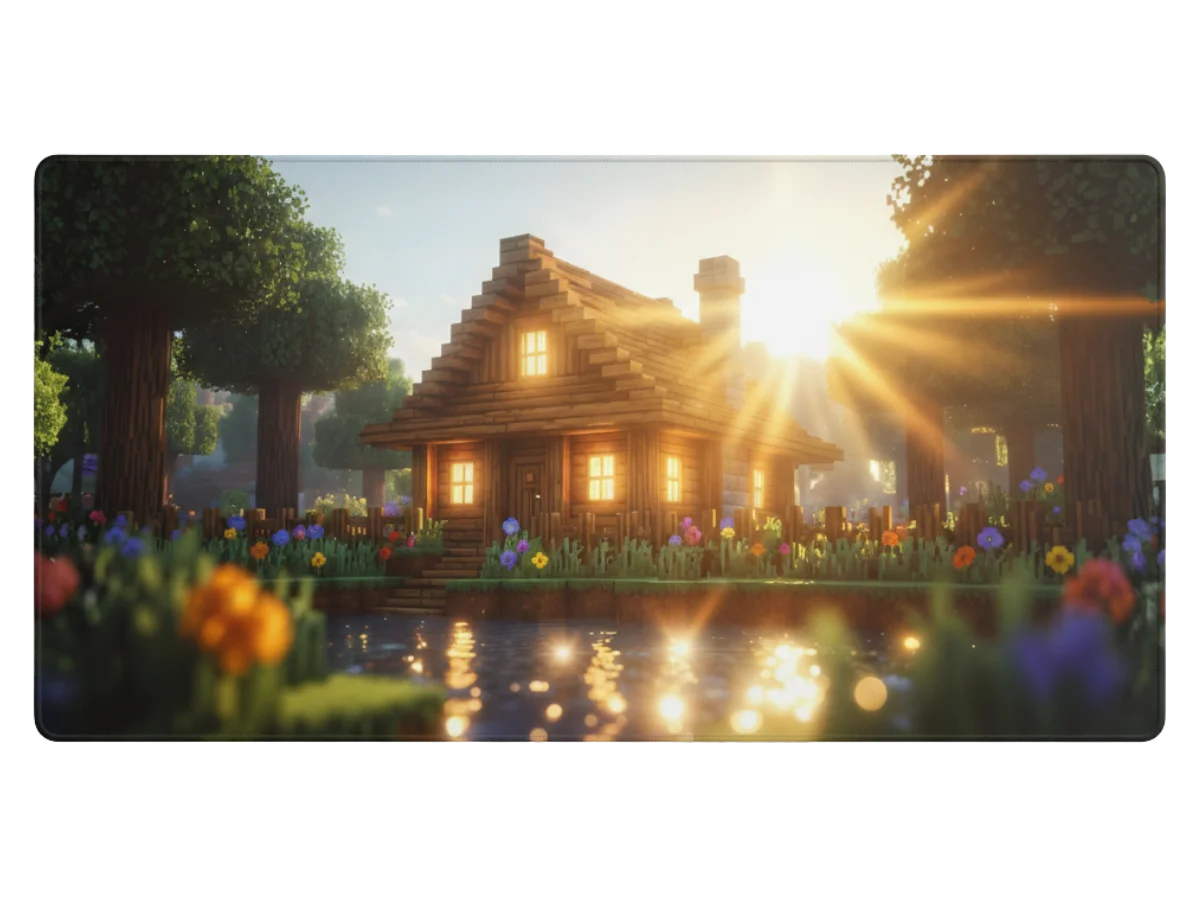 Chalet en bois de style Minecraft au bord d'un lac ou d'une rivière, soleil éclatant à l'horizon, fleurs et arbres luxuriants.