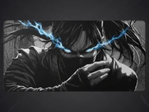Tapis de souris manga représentant une guerrière ninja aux yeux bleus électriques, visage masqué et cheveux noirs. Tapis de souris manga au design intense.