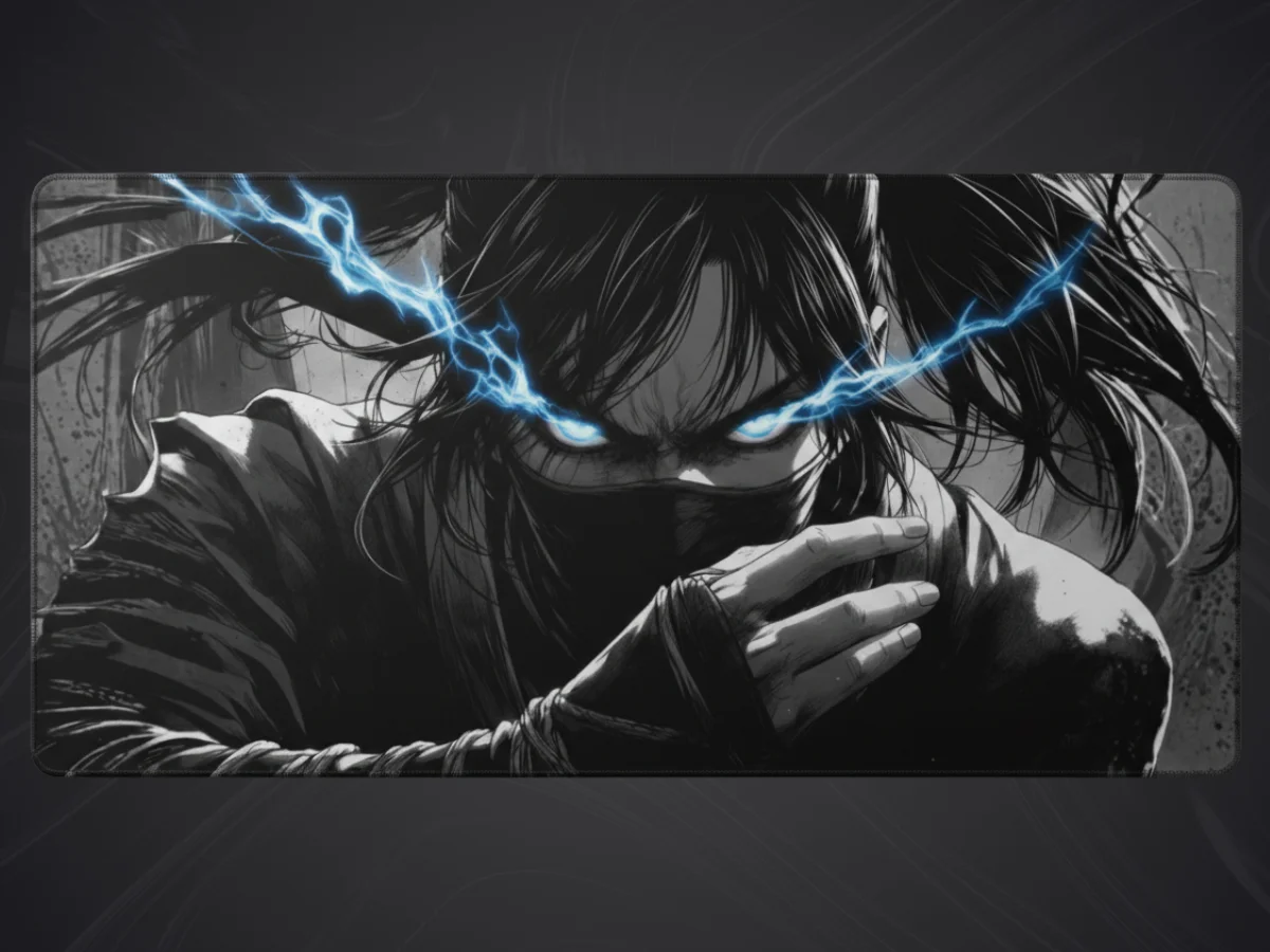 Tapis de souris manga représentant une guerrière ninja aux yeux bleus électriques, visage masqué et cheveux noirs. Tapis de souris manga au design intense.