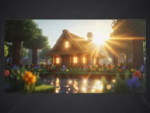 Image idyllique de chalet Minecraft au bord de l'eau, idéale pour un tapis de souris gamer.